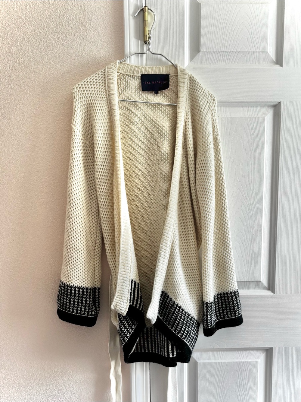 Jae Basilio Cream Waffle Knit Open Front Tie Side Cardigan S